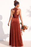 Halter Velvet A Line Navy Bridesmaid Dress