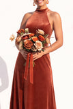 Halter Velvet A Line Navy Bridesmaid Dress