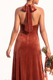 Halter Velvet A Line Navy Bridesmaid Dress