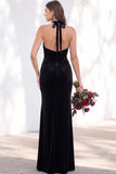 Terracotta Halter Twist Front Mermaid Velvet Bridesmaid Dress