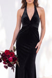Terracotta Halter Twist Front Mermaid Velvet Bridesmaid Dress