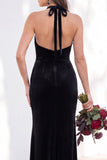 Terracotta Halter Twist Front Mermaid Velvet Bridesmaid Dress