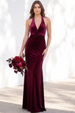 Terracotta Halter Twist Front Mermaid Velvet Bridesmaid Dress