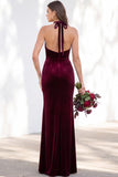 Terracotta Halter Twist Front Mermaid Velvet Bridesmaid Dress