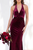 Terracotta Halter Twist Front Mermaid Velvet Bridesmaid Dress