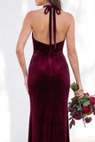 Terracotta Halter Twist Front Mermaid Velvet Bridesmaid Dress