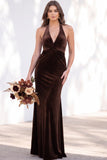 Terracotta Halter Twist Front Mermaid Velvet Bridesmaid Dress