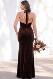 Terracotta Halter Twist Front Mermaid Velvet Bridesmaid Dress
