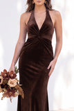 Terracotta Halter Twist Front Mermaid Velvet Bridesmaid Dress