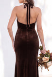 Terracotta Halter Twist Front Mermaid Velvet Bridesmaid Dress