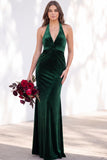 Terracotta Halter Twist Front Mermaid Velvet Bridesmaid Dress