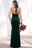 Terracotta Halter Twist Front Mermaid Velvet Bridesmaid Dress