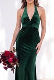 Terracotta Halter Twist Front Mermaid Velvet Bridesmaid Dress