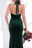 Terracotta Halter Twist Front Mermaid Velvet Bridesmaid Dress