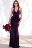 Terracotta Halter Twist Front Mermaid Velvet Bridesmaid Dress