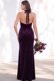 Terracotta Halter Twist Front Mermaid Velvet Bridesmaid Dress