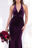 Terracotta Halter Twist Front Mermaid Velvet Bridesmaid Dress