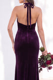 Terracotta Halter Twist Front Mermaid Velvet Bridesmaid Dress