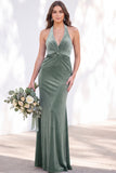 Terracotta Halter Twist Front Mermaid Velvet Bridesmaid Dress