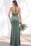 Terracotta Halter Twist Front Mermaid Velvet Bridesmaid Dress