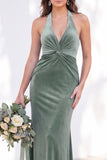 Terracotta Halter Twist Front Mermaid Velvet Bridesmaid Dress