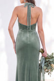 Terracotta Halter Twist Front Mermaid Velvet Bridesmaid Dress