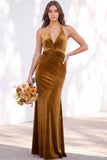 Terracotta Halter Twist Front Mermaid Velvet Bridesmaid Dress