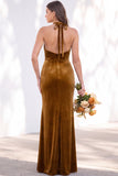 Terracotta Halter Twist Front Mermaid Velvet Bridesmaid Dress
