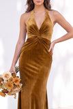 Terracotta Halter Twist Front Mermaid Velvet Bridesmaid Dress
