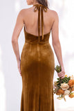 Terracotta Halter Twist Front Mermaid Velvet Bridesmaid Dress