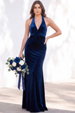 Terracotta Halter Twist Front Mermaid Velvet Bridesmaid Dress