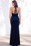 Terracotta Halter Twist Front Mermaid Velvet Bridesmaid Dress