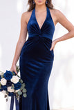 Terracotta Halter Twist Front Mermaid Velvet Bridesmaid Dress