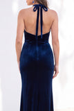 Terracotta Halter Twist Front Mermaid Velvet Bridesmaid Dress