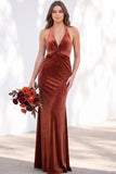 Terracotta Halter Twist Front Mermaid Velvet Bridesmaid Dress