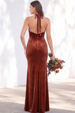Terracotta Halter Twist Front Mermaid Velvet Bridesmaid Dress