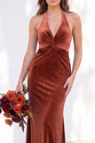 Terracotta Halter Twist Front Mermaid Velvet Bridesmaid Dress