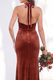Terracotta Halter Twist Front Mermaid Velvet Bridesmaid Dress