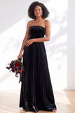 Strapless Velvet Pleated A Line Dark Green Bridesmaid Dress