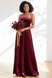 Strapless Velvet Pleated A Line Dark Green Bridesmaid Dress