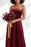Strapless Velvet Pleated A Line Dark Green Bridesmaid Dress