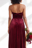 Strapless Velvet Pleated A Line Dark Green Bridesmaid Dress