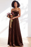 Strapless Velvet Pleated A Line Dark Green Bridesmaid Dress