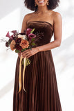 Strapless Velvet Pleated A Line Dark Green Bridesmaid Dress