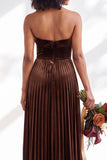 Strapless Velvet Pleated A Line Dark Green Bridesmaid Dress