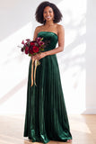 Strapless Velvet Pleated A Line Dark Green Bridesmaid Dress