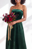Strapless Velvet Pleated A Line Dark Green Bridesmaid Dress