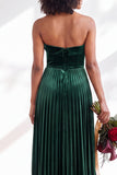 Strapless Velvet Pleated A Line Dark Green Bridesmaid Dress