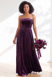 Strapless Velvet Pleated A Line Dark Green Bridesmaid Dress