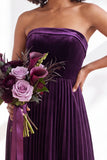 Strapless Velvet Pleated A Line Dark Green Bridesmaid Dress